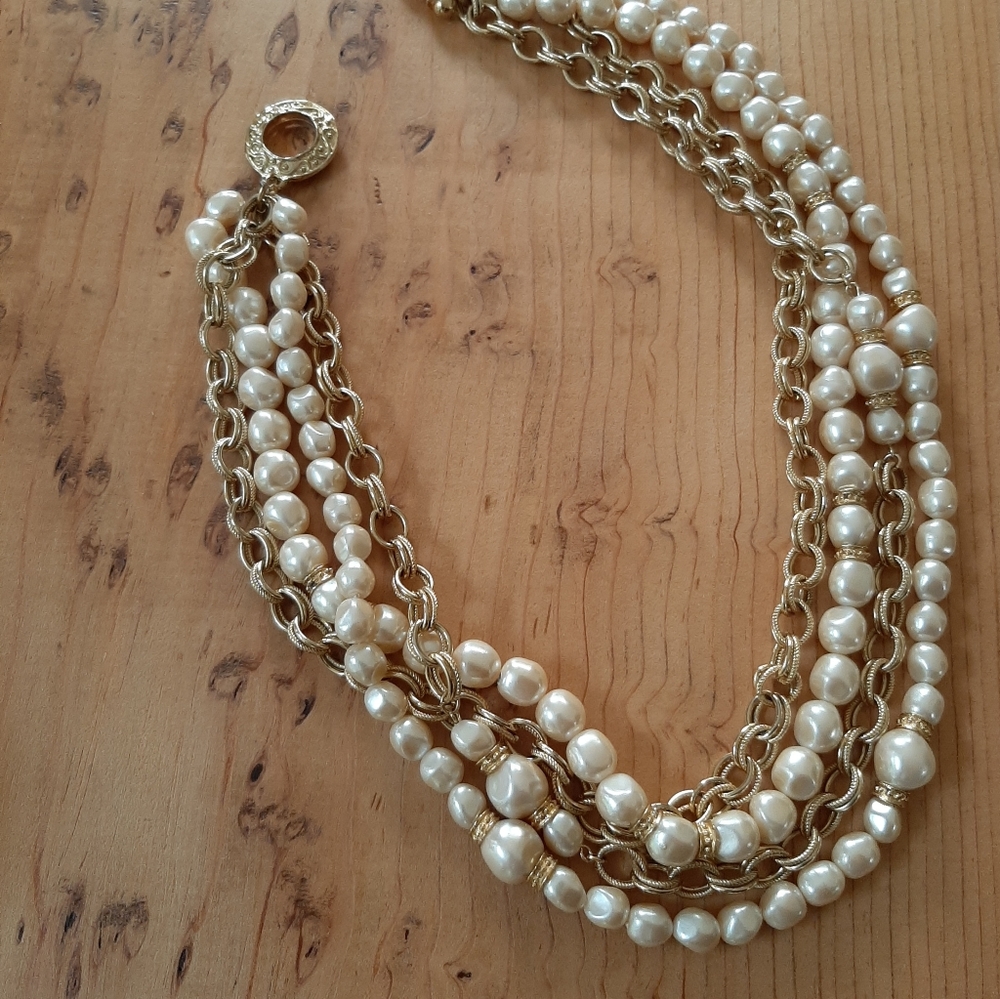 Necklace 4 Strand Goldtone and Faux Pearl Beads